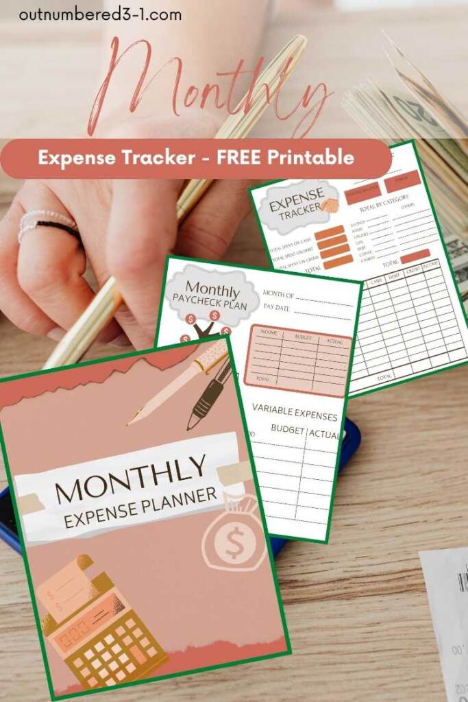 expense tracker with hand and money in background - text: monthly expense tracker free printable