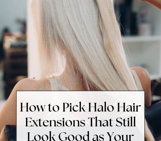 woman with light hair in salon chair with stylist lifting hair - text: How to Pick Halo Hair Extensions That Still Look Good as Your Roots Grow Out