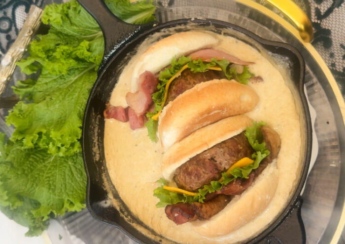 Copycat Applebee's O-M-Cheese Burger in a skillet.