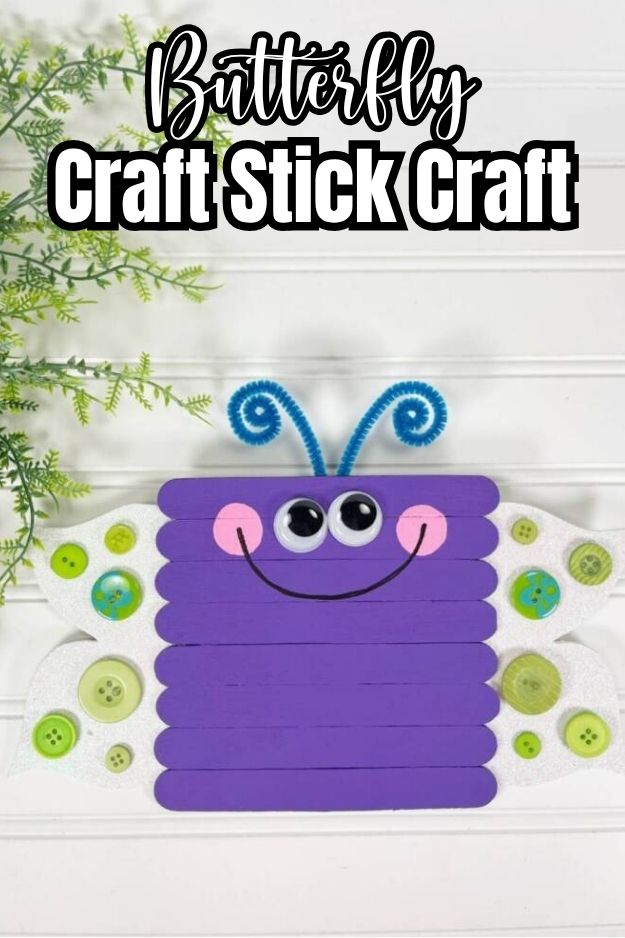 text: butterfly craft sktick craft - purple butterfly craft project with green buttons on white background