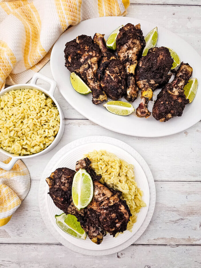 jerk chicken drumsticks recipe on a plate overhead view.