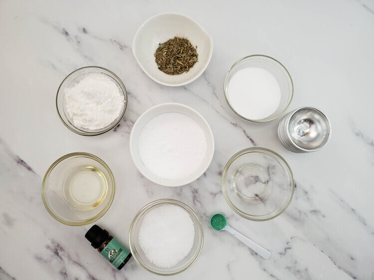Eucalyptus bath bombs supplies in small bowls.