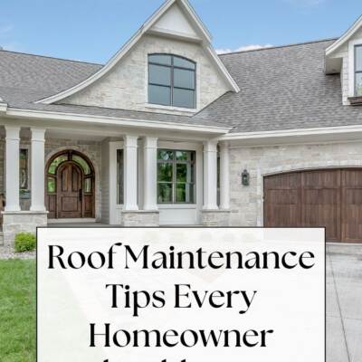 Stone home with grey roof - text: Roof Maintenance Tips Every Homeowner Should Know