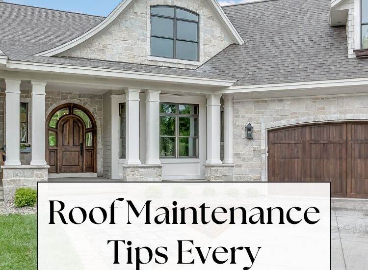 Stone home with grey roof - text: Roof Maintenance Tips Every Homeowner Should Know