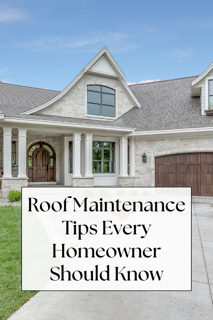 Stone home with grey roof - text: Roof Maintenance Tips Every Homeowner Should Know