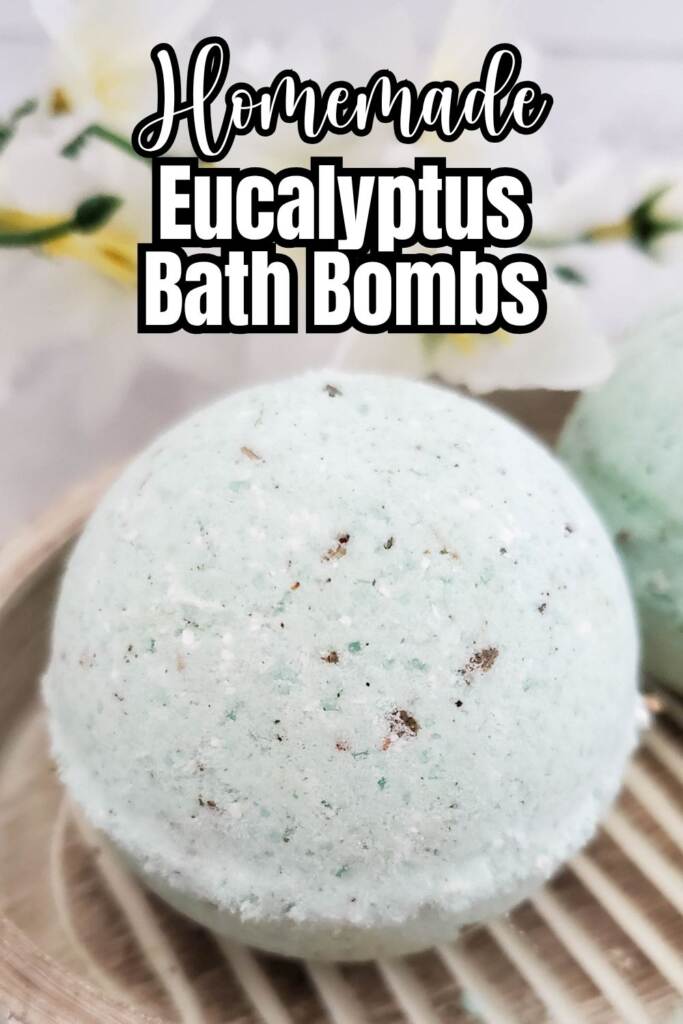 Text: homemade eucalyptus bath bombs - green bath bomb in soap dish up close