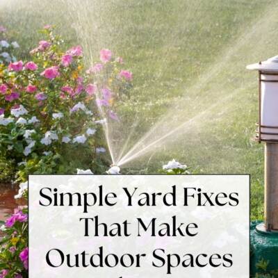 text: Simple Yard Fixes That Make Outdoor Spaces Feel Better - flowers and grass with sprinkler going