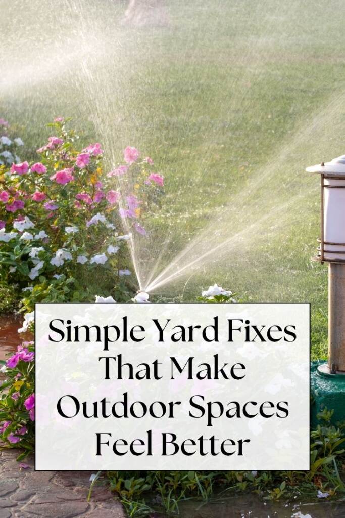 text: Simple Yard Fixes That Make Outdoor Spaces Feel Better - flowers and grass with sprinkler going