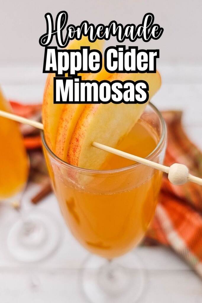 apple cider mimosa in glass on white table with plaid towel in backgroiund and apple slices garnish