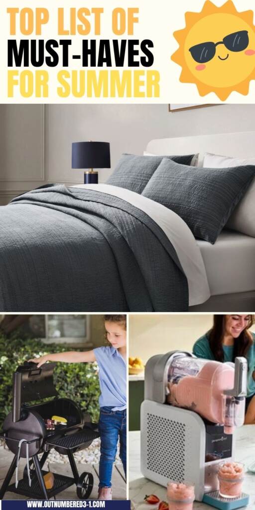 text- top list of must haves for summer - bedding, kids smoker grill and smoothie maker